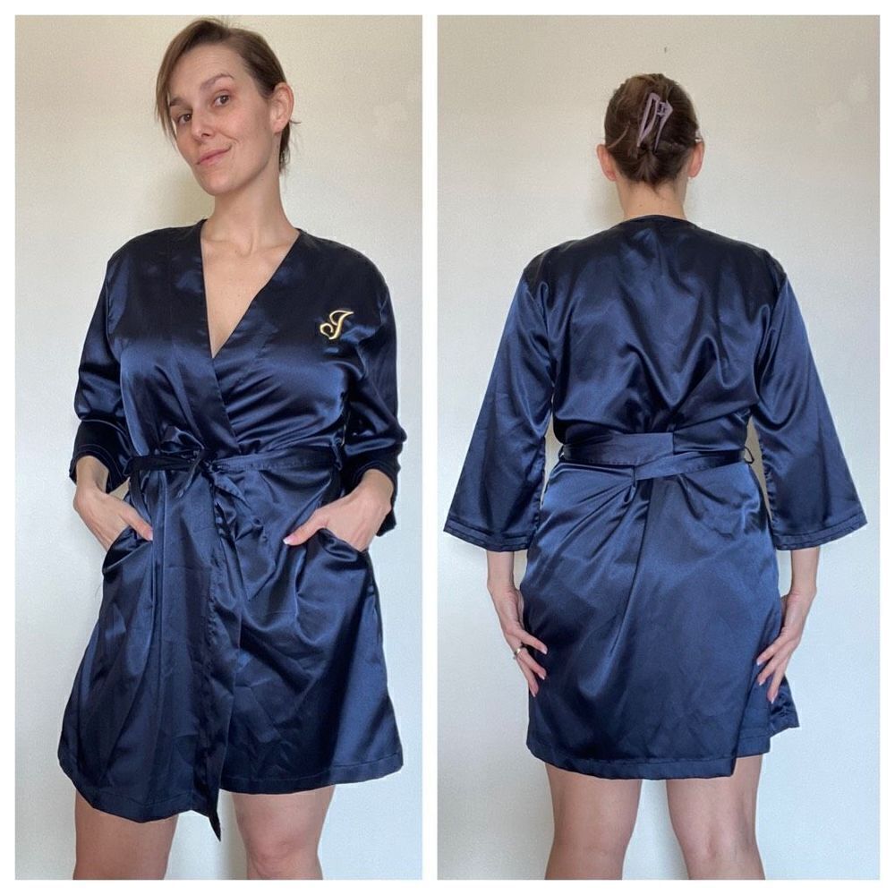 Robe Navy Blue Large XL Mid Thigh 3/4 Sleeve Loungewear